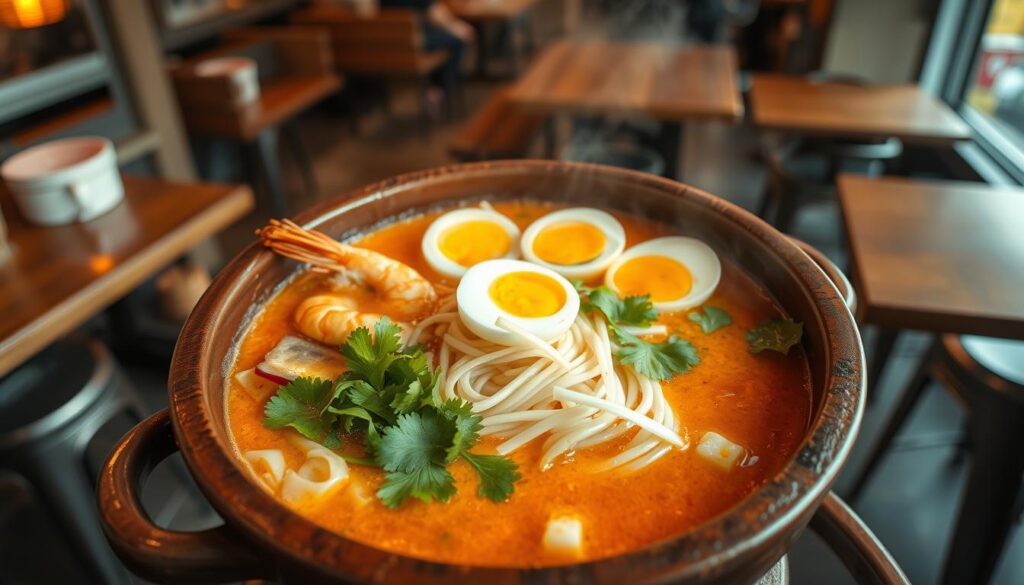 A steaming bowl of claypot laksa, the signature dish of Singapore's Depot Road Zhen Shan Mei. The rich, coconut-infused broth bubbles in a traditional clay pot, its aroma wafting through the air. Thick rice noodles are submerged, complemented by a medley of fresh ingredients - succulent prawns, sliced fish cakes, bean sprouts, and aromatic cilantro. Slivers of hard-boiled egg float atop the vibrant red-orange hue of the soup, while a dash of chili oil adds a subtle kick. The clay pot is set against a backdrop of a cozy, bustling hawker center, with wooden tables and metal stools evoking the authentic Singaporean dining experience. Warm, diffused lighting casts a comforting glow, inviting the viewer to savor every bite of this iconic local delicacy.