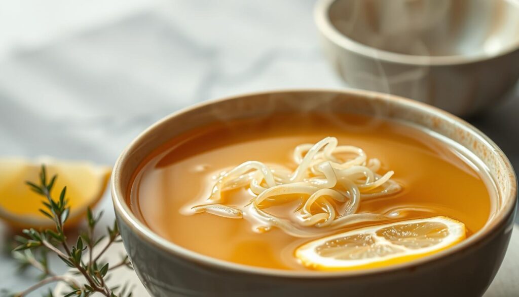 A steaming bowl of collagen-rich broth, its surface shimmering with an iridescent sheen. Delicate strands of gelatinous nourishment suspended in a clear, golden liquid, illuminated by soft, diffused lighting. In the foreground, a sprig of fragrant herbs and a wedge of citrus add a touch of freshness, while the background features a minimalist, zen-inspired ceramic bowl and a serene, blurred backdrop evoking a sense of tranquility and wellness. The overall composition emanates a soothing, restorative atmosphere, inviting the viewer to indulge in a moment of self-care and rejuvenation.