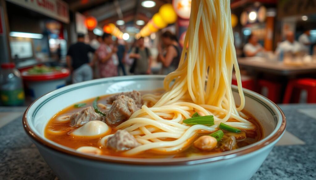 A steaming bowl of freshly prepared Fu Yuan minced pork noodles, the thin egg-based strands swirling around tender pork morsels in a rich, savory broth. The bowl is set against a backdrop of a classic Singaporean hawker center, with the bustling energy and vibrant colors of the environment visible in the periphery. Soft, diffused lighting illuminates the scene, highlighting the mouthwatering details of the dish - the glistening noodles, the tender pork, the garnishes of crisp scallions and crunchy peanuts. The composition captures the essence of this beloved Singaporean comfort food, inviting the viewer to imagine the satisfying flavors and textures of this local delicacy.