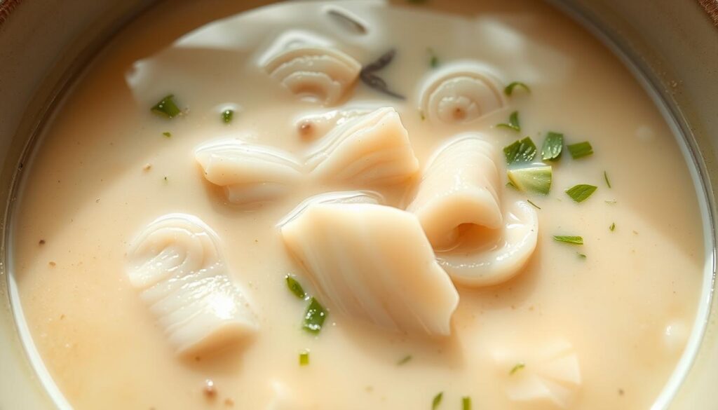 A steaming bowl of milky fish soup base, its surface gently rippling with an array of delicate white fish slices and fragrant herbs. The broth has a creamy, luxurious texture, infused with the subtle sweetness of fresh seafood and the depth of savory umami flavors. Soft lighting casts a warm, inviting glow, highlighting the dish's alluring transparency and the delicate balance of ingredients. The composition is framed by a simple, minimalist ceramic bowl, allowing the soup's natural beauty to take center stage. This comforting, nourishing dish sets the stage for an affordable, yet satisfying hotpot experience.