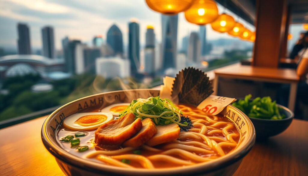 A steaming bowl of ramen in the heart of bustling Singapore, illuminated by warm, golden lighting that casts a cozy glow. In the foreground, thick noodles are submerged in a rich, savory broth, adorned with tender slices of pork, perfectly soft-boiled eggs, and vibrant green onions. The middle ground features an array of traditional Japanese garnishes, including crisp nori sheets and pickled ginger, arranged with meticulous care. In the background, a blurred cityscape of skyscrapers and lush greenery sets the scene, hinting at the cosmopolitan nature of this culinary delight. The overall atmosphere is one of comfort, authenticity, and the seamless fusion of Japanese and Singaporean cultures.