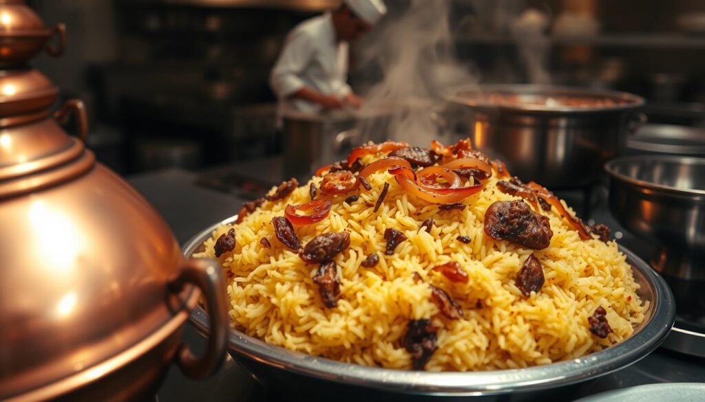 A steaming, fragrant platter of Hyderabadi dum biryani takes center stage, its layers of aromatic basmati rice, tender goat meat, and a medley of spices illuminated by soft, warm lighting. The biryani glistens with ghee, its distinct yellow hue contrasting with the deep brown of the caramelized onions scattered across the top. A copper handi or pot sits nearby, its intricate design hinting at the traditional cooking method that has been passed down through generations. In the background, a glimpse of a bustling kitchen, with the silhouettes of chefs tending to the simmering pots, their rhythmic movements a dance of culinary expertise. The overall scene evokes the comforting flavors and rich heritage of this iconic Indian dish.
