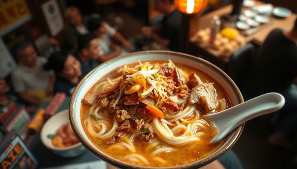 A steaming hot bowl of seng hiang bak chor mee, with firm al dente noodles swimming in a savory broth, garnished with crunchy pork lard, crisp fried shallots, and tender minced pork. The scene is captured in warm, natural lighting, highlighting the vibrant colors and textures of the dish. The camera angle is slightly elevated, providing a tantalizing overhead view that showcases the beautiful presentation. The background is a cozy, intimate hawker center setting, complete with the buzz of lively conversations and the aroma of freshly prepared Singaporean fare. The overall atmosphere evokes a sense of authentic local flavor and culinary delight.