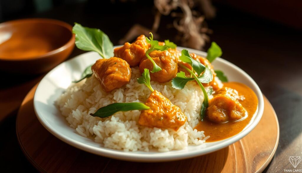 A steaming plate of aromatic Thai jasmine rice, delicately presented with a vibrant array of vibrant green vegetables, tender chicken, and a rich, savory curry sauce. The rice is fluffy and fragrant, the vegetables crisp and fresh, and the chicken is cooked to perfection, infused with the complex flavors of Thai spices. The curry sauce glistens with a deep, golden hue, its creamy texture complementing the other elements on the plate. The lighting is soft and warm, casting a gentle glow over the scene, creating a cozy and inviting atmosphere. The image is captured from a slightly elevated angle, showcasing the delicate balance and presentation of this classic Thai dish, "Khao Hom".