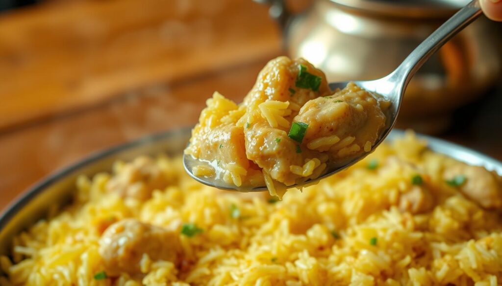 A steaming plate of aromatic basmati rice, infused with fragrant spices and tender chunks of succulent chicken. The rice is fluffy and golden, glistening under the warm, diffused lighting that casts a cozy glow over the scene. In the foreground, a spoonful of the briyani is held aloft, revealing the layers of flavors - the saffron-tinged rice, the vibrant pops of green herbs, and the rich, creamy sauce that clings to the meat. In the background, a traditional brass or copper vessel sits, hinting at the authentic preparation methods used to create this masterpiece of Singaporean cuisine.