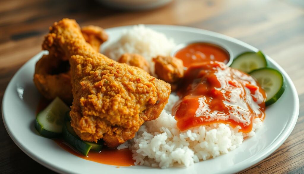A steaming plate of ayam goreng, Indonesian fried chicken, resting on a wooden table. The succulent chicken is coated in a golden-brown crust, infused with an aromatic blend of spices - turmeric, garlic, shallots, and lemongrass. The chicken is accompanied by a vibrant sambal chili sauce, sliced cucumber, and fragrant white rice, creating a mouthwatering display of authentic Javanese flavors. Soft, diffused lighting casts a warm, inviting glow over the scene, highlighting the dish's texture and colors. The composition is balanced, with the chicken as the focal point, surrounded by complementary elements that evoke the rustic, homey ambiance of a traditional Javanese warung, or family-owned eatery.