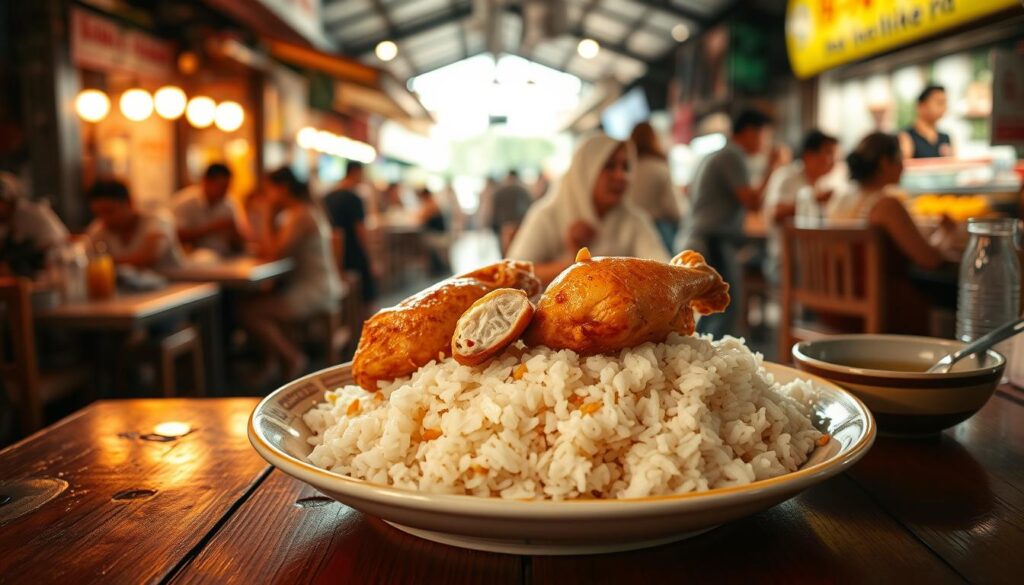 A steaming plate of fragrant chicken rice sits on a wooden table, with tender white chicken meat nestled atop fluffy, aromatic rice. The scene is bathed in warm, natural light, casting a golden glow over the dish. In the background, a bustling Singaporean hawker center hums with the lively chatter of locals and tourists savoring this quintessential Singaporean delicacy. The crisp, roasted skin of the chicken glistens, inviting the viewer to dig in and experience the perfect balance of flavors that has made this dish a beloved staple in the Lion City.