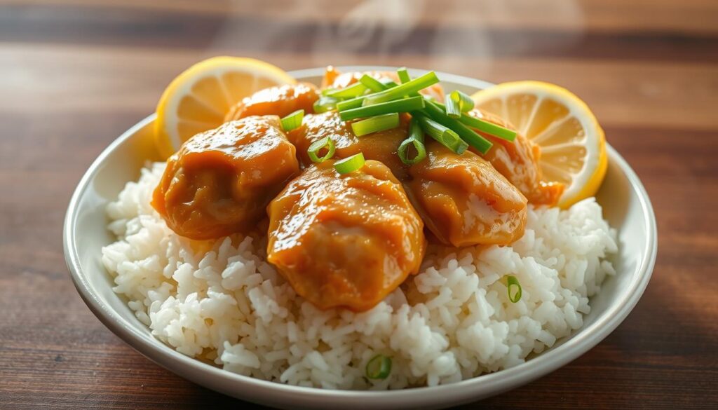 A steaming plate of fragrant lemon chicken rice, the tender chicken glistening with a tangy citrus glaze. The fluffy white rice is perfectly cooked, forming a bed for the succulent chicken. Garnished with crisp, vibrant green onions and a wedge of fresh lemon, the dish is presented in a clean, modern composition. Soft, diffused lighting casts a warm glow, highlighting the inviting textures and colors. The scene evokes the comforting flavors of traditional Hainanese cuisine, crafted with care and attention to detail.