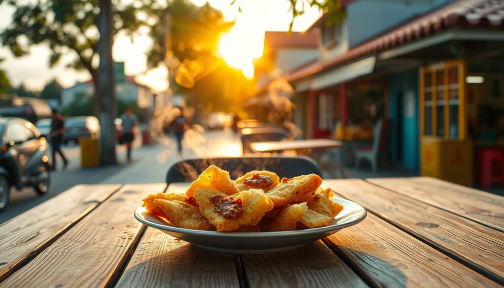 A steaming plate of freshly fried sardine chilli karipap sits on a weathered wooden table, its golden-brown crust glistening under the warm, golden light of a setting sun. The fragrant aroma of spices and crisp pastry fills the air, enticing passersby on the bustling East Coast Road. In the background, a row of quaint shophouses stretches out, their colorful facades and tiled roofs reflecting the vibrant character of this hidden gem neighborhood. The scene exudes a sense of homely comfort and authentic Singaporean heritage, perfectly capturing the essence of the "Best Karipap" section in the article.