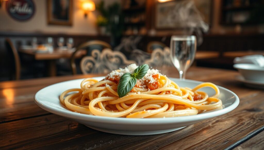 A steaming plate of freshly made pasta fresca, with delicate strands of handmade linguine twirling around a rich, creamy sauce. The pasta glistens under the warm, soft lighting, inviting you to take a bite. In the foreground, a sprinkle of freshly grated Parmigiano-Reggiano cheese and a sprig of fragrant basil add a touch of elegance. The middle ground reveals a rustic, wooden table, its surface worn by years of use, setting the stage for this authentic Italian dining experience. In the background, a cozy, intimate restaurant interior with warm, earthy tones and a hint of traditional Italian decor creates a welcoming atmosphere.
