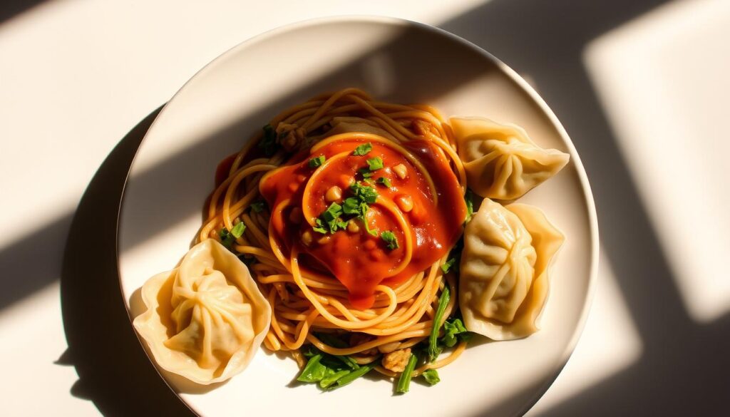 A steaming plate of hand-pulled noodles, glistening with a fusion of savory sauces, nestled atop a bed of crisp, vibrant vegetables. Juicy, perfectly cooked wanton dumplings sit alongside, their delicate wrappers translucent in the warm, diffused light. The scene is framed by a modern, minimalist table setting, with clean lines and subtle textures creating a sense of sophistication. Shadows play across the scene, lending depth and drama, while a muted color palette of earthy tones and pops of bright greens evoke the comforting yet elevated nature of this "Wanton Mee with a Twist".