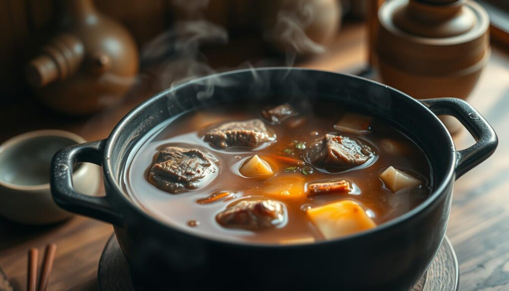 A steaming pot of beef bone soup, the broth a deep, rich amber hue, simmered to perfection with tender chunks of beef, aromatic spices, and a hint of earthy ginger. The soup is the centerpiece, illuminated by soft, warm lighting that casts a cozy glow on the surrounding scene. Wisps of steam rise from the bowl, framed by a simple, rustic wooden table and minimalist decor, evoking a sense of traditional Korean comfort and nourishment. The overall mood is one of calm, inviting the viewer to savor the hearty, soothing flavors of this authentic Korean dish.