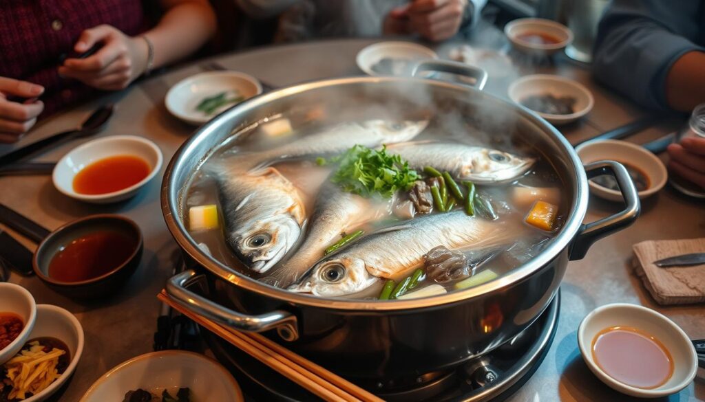 A steaming pot of fish head steamboat, its savory broth bubbling with fresh, tender fish, surrounding vegetables, and aromatic herbs. The table is set with ceramic bowls, chopsticks, and a side of condiments, inviting diners to customize their experience. Soft, indirect lighting casts a warm glow, creating an intimate, cozy atmosphere. The scene is captured from a slightly elevated angle, highlighting the rich, vibrant colors and textures of the dish. A sense of anticipation and comfort permeates the image, perfectly capturing the essence of enjoying a delightful fish head steamboat meal.