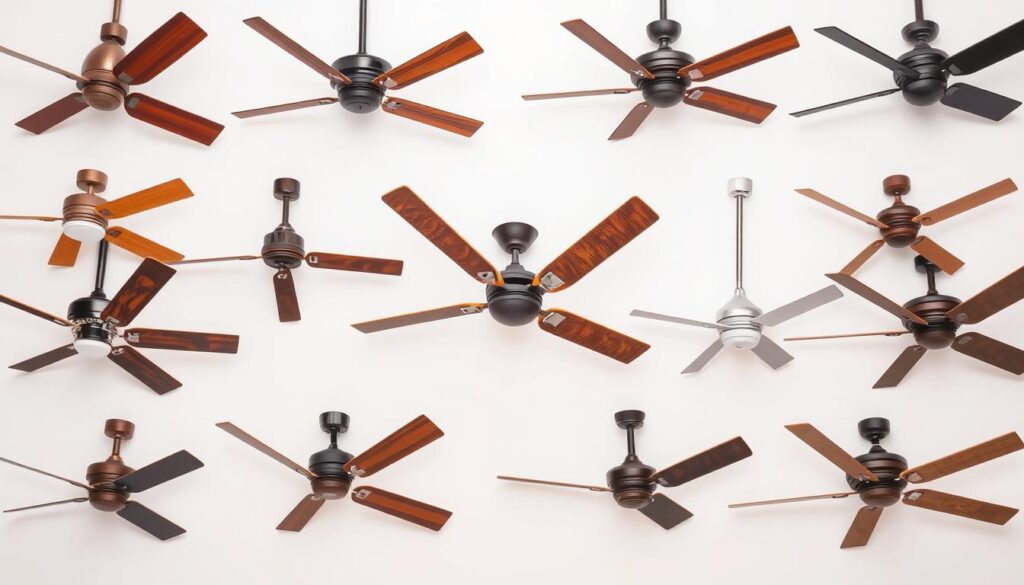 A studio shot of various top ceiling fan brands displayed prominently on a clean, white background. The fans are neatly arranged in a grid layout, showcasing their distinct designs, materials, and sizes. Warm, directional lighting highlights the intricate details and textures of each fan model, creating a sense of depth and dimensionality. The composition is balanced, allowing the viewers to easily compare and contrast the features of the different brands. The overall mood is professional, informative, and visually appealing, suitable for an article on the best ceiling fan options in Singapore.