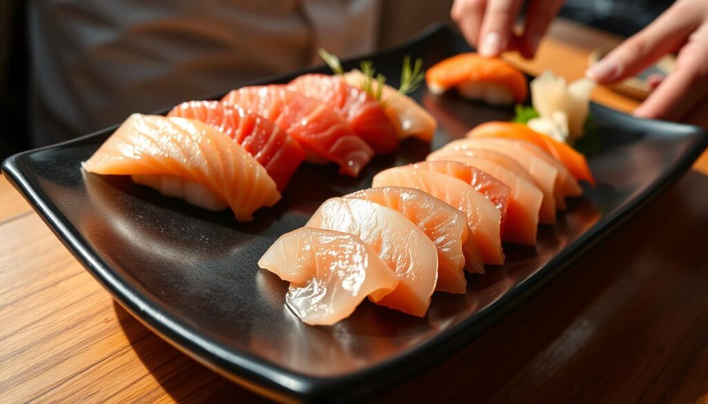 A stunning arrangement of impeccably sliced sashimi, meticulously prepared by a skilled sushi chef. Pristine slices of glistening tuna, salmon, and yellowtail lie elegantly across a smooth, black lacquered plate, complemented by delicate sprigs of fresh wasabi and ginger. The lighting is soft and natural, casting a warm glow that enhances the vibrant colors and velvety textures of the seafood. A sense of tranquility and precision permeates the scene, inviting the viewer to savor each mouthwatering morsel with reverence and appreciation for the craft.