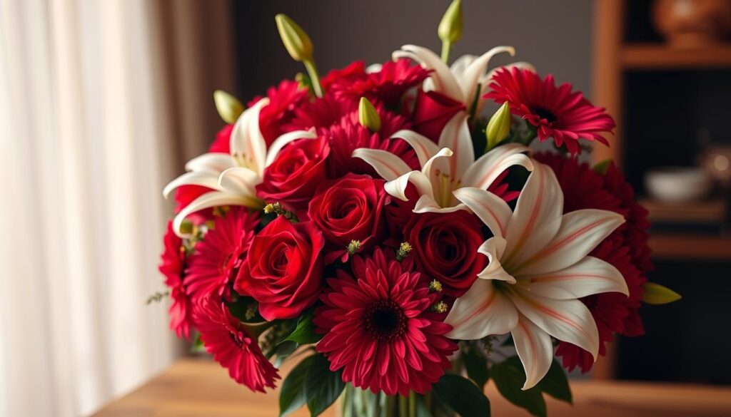 A stunning bouquet of lush, vibrant flowers arranged with exquisite artistry. The centerpiece features a captivating array of blooms, including velvety red roses, delicate white lilies, and vibrant gerbera daisies. The flowers are expertly positioned to create a harmonious, visually striking composition, accentuated by soft, diffused lighting that casts a warm, inviting glow. The background is subtly blurred, allowing the floral design to take center stage and showcase the skilled craftsmanship of a professional florist. The overall scene evokes a sense of refined elegance and attention to detail, perfectly capturing the essence of a high-quality floral arrangement.