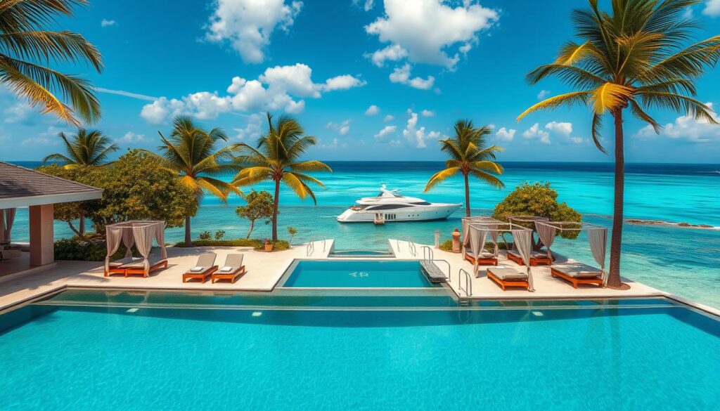 A stunning seaside villa with a breathtaking infinity pool overlooking the crystal clear turquoise waters of a remote tropical island. Plush lounge chairs and cabanas dot the sprawling terrace, creating an atmosphere of serene luxury. Soft, warm lighting filters through delicate fabric canopies, casting a gentle glow over the scene. Lush palm trees sway in the gentle breeze, their fronds rustling softly. In the distance, a luxury yacht is anchored, ready to whisk guests away to hidden coves and secluded beaches. An opulent, once-in-a-lifetime travel experience that evokes a sense of tranquility, indulgence, and escapism.