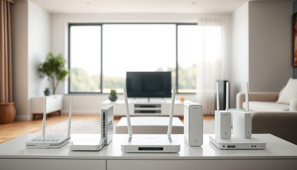 A stylish living room with a minimalist TV stand displaying various broadband router devices. The foreground features several no-contract broadband modems and routers in a clean, modern arrangement. The middle ground showcases a sleek, uncluttered entertainment setup, with a large flat-screen TV mounted on the wall. The background depicts a tranquil, natural setting through a large window, creating a calming, inviting atmosphere. The lighting is soft and diffused, highlighting the tech gadgets while maintaining a serene, homely vibe. The overall composition conveys a sense of simplicity, flexibility, and the convenience of no-contract broadband options.