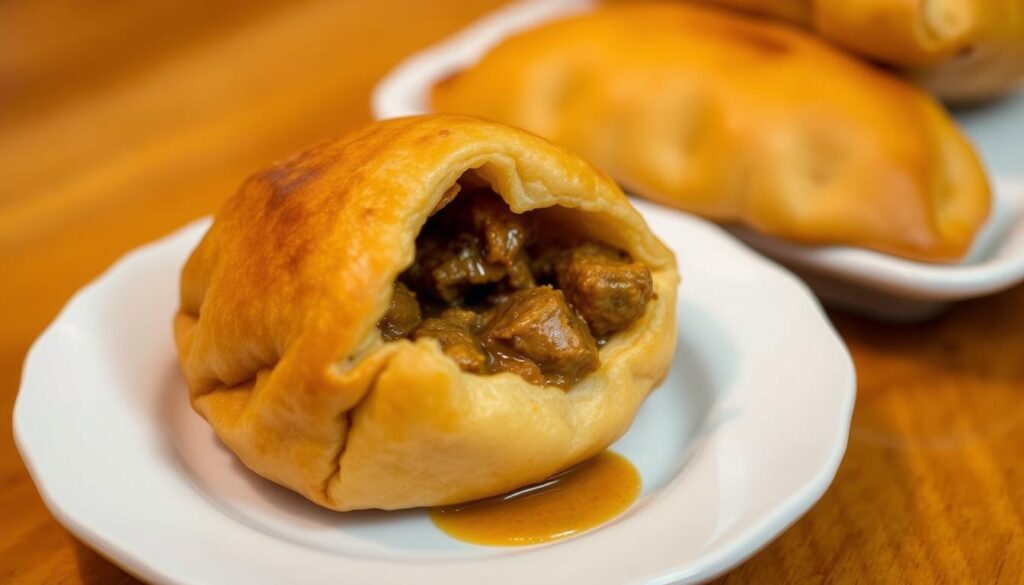 A succulent Isha halal curry puff with a golden-brown, flaky crust resting on a white ceramic plate. The puff's interior is filled with tender, aromatic mutton, cooked in a rich, fragrant curry sauce. Warm lighting casts a cozy glow, highlighting the textural contrast between the crisp pastry and the savory filling. The puff is positioned in the foreground, with a slightly blurred background suggesting a simple, minimalist setting, allowing the delicious pastry to take center stage. The overall scene conveys a sense of wholesome, authentic Singaporean cuisine, inviting the viewer to savor the delightful fusion of spices and flaky perfection.
