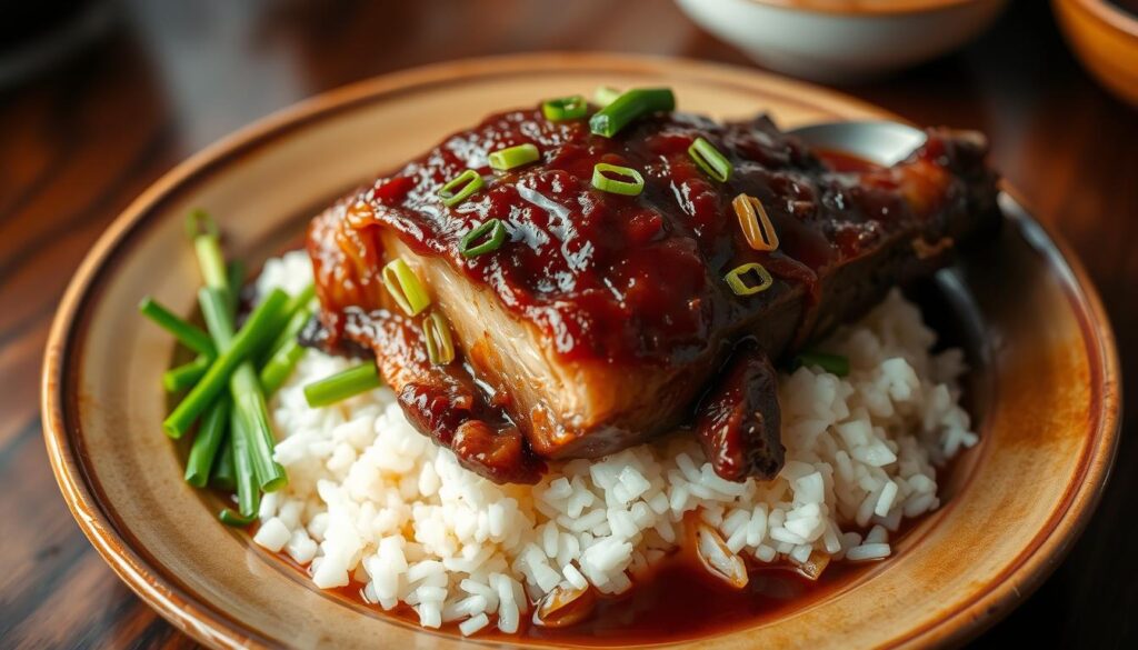 A succulent braised pig trotter resting atop a bed of fragrant white rice, garnished with vibrant green onions and a side of savory brown sauce. The dish is presented on a classic Teochew-style ceramic plate, its warm tones and rustic texture complementing the hearty, comforting meal. Soft lighting casts a gentle glow, highlighting the tender meat that effortlessly falls off the bone. The scene evokes the humble, homestyle charm of a beloved Teochew restaurant, where time-honored recipes and traditional techniques create a truly authentic dining experience.