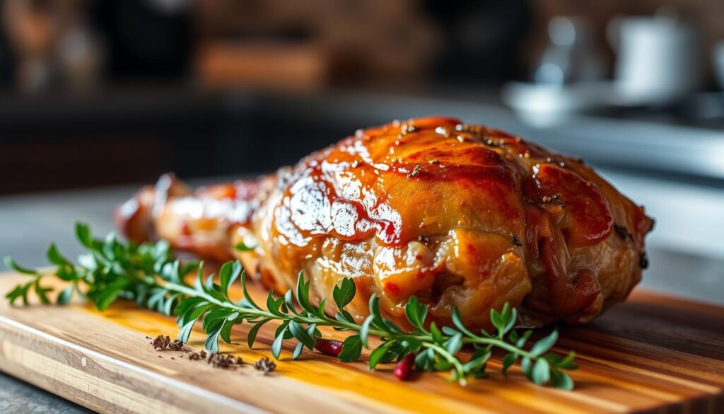 A succulent, golden-brown fattened calf, roasted to perfection, rests on a wooden cutting board. Gleaming under warm, soft lighting, its tender flesh glistens, inviting the viewer to imagine the savory flavors and juicy textures. In the foreground, a selection of fresh, aromatic herbs and spices add depth and complexity, hinting at the culinary delights to come. The background is blurred, creating a sense of focus and emphasis on the star of the scene - the fattened calf, a true centerpiece for any burger lover's paradise.
