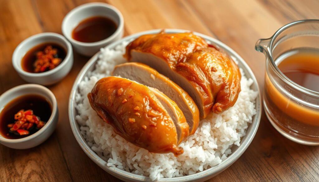 A succulent, golden-brown roasted Hainanese chicken, its skin glistening with a delicate sheen, rests atop a bed of fluffy, fragrant white rice. The chicken is sliced neatly, revealing its juicy, tender interior. Accompanying the dish are small bowls of savory soy sauce, tangy chili sauce, and a clear chicken broth, all of which complement the flavors harmoniously. The scene is captured in a warm, natural lighting, highlighting the vibrant colors and textures of the components. The camera angle showcases the dish in an enticing, close-up perspective, drawing the viewer's attention to the intricate details that make up the quintessential Hainanese chicken rice.
