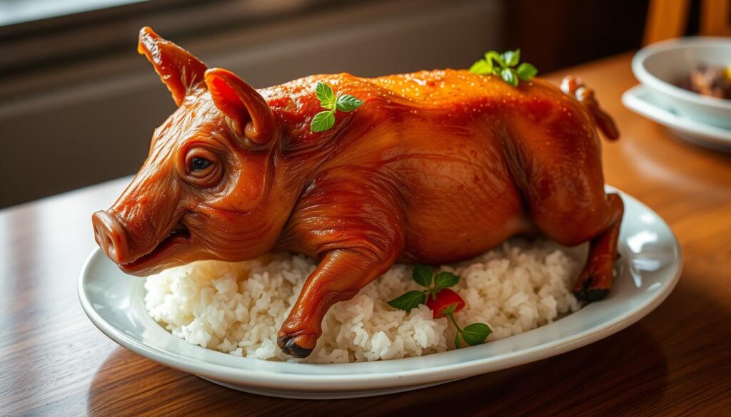 A succulent, golden-brown suckling pig, crisp-skinned and glistening, resting atop a bed of fragrant steamed rice. The pig's tender meat, expertly carved, revealing its juicy, melt-in-your-mouth texture. Delicate garnishes of fresh herbs and vibrant vegetables frame the dish, adding a touch of elegance. Soft, diffused lighting casts a warm, inviting glow, highlighting the pig's ornate presentation on a polished wooden table. The scene evokes the traditional craftsmanship and modern refinement of Hai Tien Lo's culinary artistry, a harmonious blend of time-honored recipes and contemporary flair.