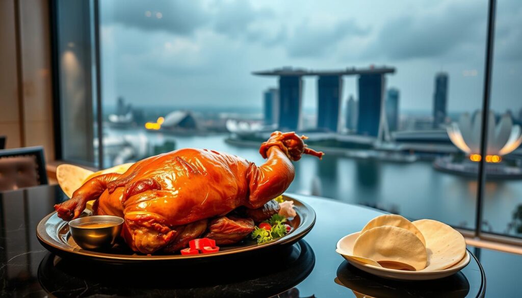 A sumptuous Peking duck dish presented on a gleaming black lacquered table, surrounded by an elegant Singapore cityscape. The duck's crisp, golden-brown skin glistens under soft, warm lighting, accompanied by delicate pancakes, fragrant hoisin sauce, and meticulously arranged garnishes. In the background, the iconic Singapore skyline, including the Marina Bay Sands and the Esplanade, sets the scene, casting a serene and sophisticated ambiance. The composition captures the perfect balance of traditional Chinese cuisine and the vibrant, modern essence of Singapore's culinary landscape.