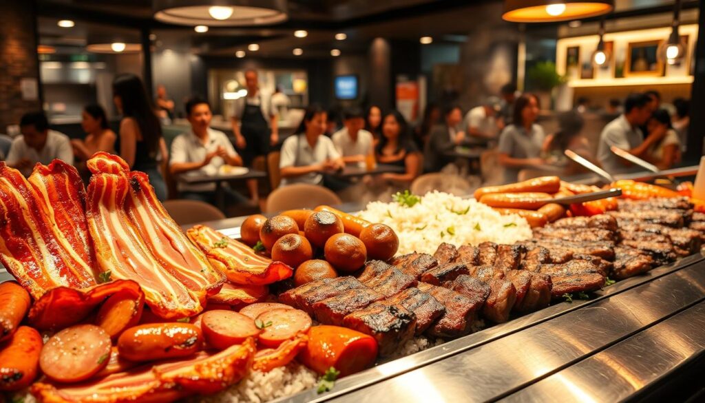 A sumptuous array of grilled meats, sizzling on a sleek, stainless steel counter in a bustling Singaporean eatery. The foreground features thick-cut bacon, juicy sausages, and tender strips of beef, artfully arranged with a backdrop of steaming rice and fragrant herbs. Soft, warm lighting casts a golden glow, accentuating the rich, caramelized edges of the proteins. In the middle ground, a small group of diners eagerly awaits their lunch, their faces alight with anticipation. The background is a blur of activity, with servers weaving through the tables and the hum of conversation filling the air. The overall atmosphere is one of indulgence, comfort, and the quintessential Singaporean passion for extraordinary culinary experiences.