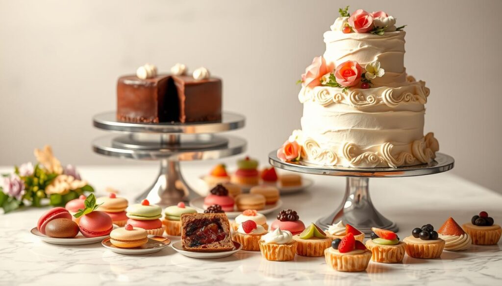 A sumptuous array of special occasion desserts, elegantly presented on a marble tabletop. In the foreground, a towering, multi-tiered birthday cake adorned with intricate piping, fresh flowers, and glistening edible pearls. Alongside, an assortment of petite, artfully crafted pastries - macarons in vibrant hues, delicate eclairs, and bite-sized tarts brimming with seasonal fruit. The middle ground features a gleaming silver cake stand showcasing a decadent chocolate mousse cake, its surface smooth and shiny. In the background, the soft, diffused lighting casts a warm, celebratory glow, evoking a sense of indulgence and festivity.
