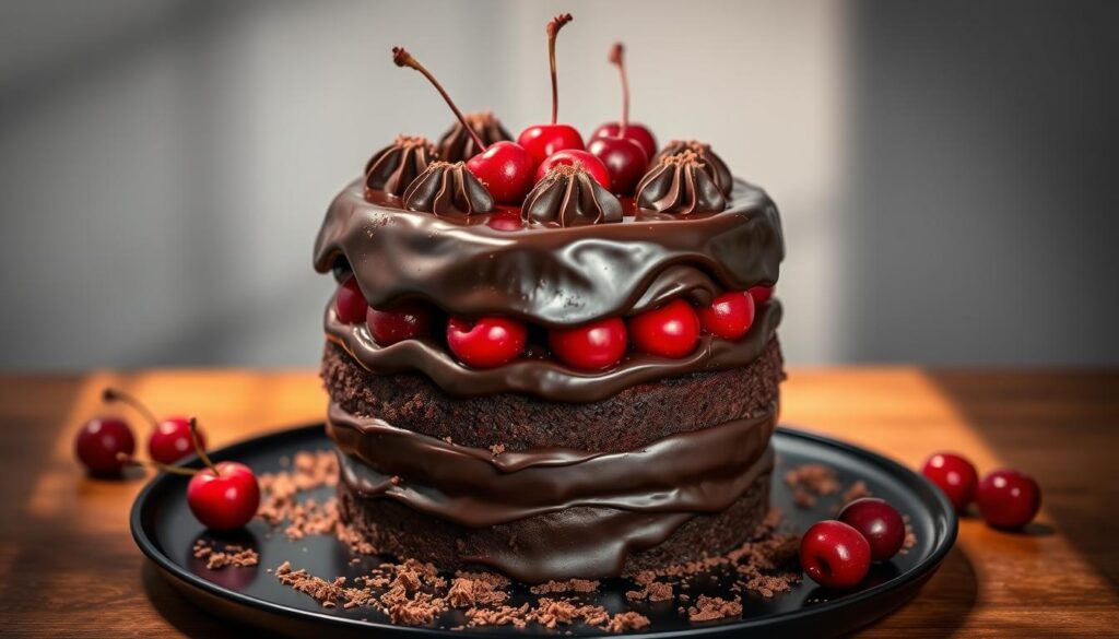A sumptuous black forest cake from Pantler, showcasing a refined balance of rich chocolate and tart cherries. The decadent cake stands tall, with glossy dark chocolate ganache frosting enveloping the layers. Vibrant crimson cherries are nestled between the moist chocolate sponge, their tartness cutting through the sweetness. Shavings of premium cocoa cling to the sides, hinting at the indulgent flavors within. Soft lighting from above casts warm shadows, highlighting the cake's elegant presentation on a sleek black platter. The overall scene exudes an air of sophistication and artisanal craftsmanship, inviting the viewer to savor each delectable bite.
