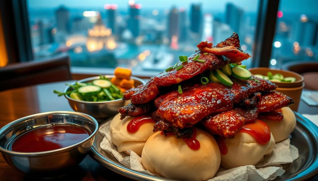 A sumptuous dish of crispy-skinned Peking duck, perfectly crisped and lacquered, resting atop a delicate bed of steamed buns. Aromatic hoisin sauce, scallions, and cucumber slices piled high, inviting diners to assemble their own delectable morsels. The scene is bathed in a warm, soft lighting that highlights the glistening duck skin and casts a cozy ambiance. A panoramic view of the vibrant Singapore cityscape frames the table, hinting at the dynamic culinary landscape. An irresistible invitation to savor the quintessential Singaporean Peking duck experience.
