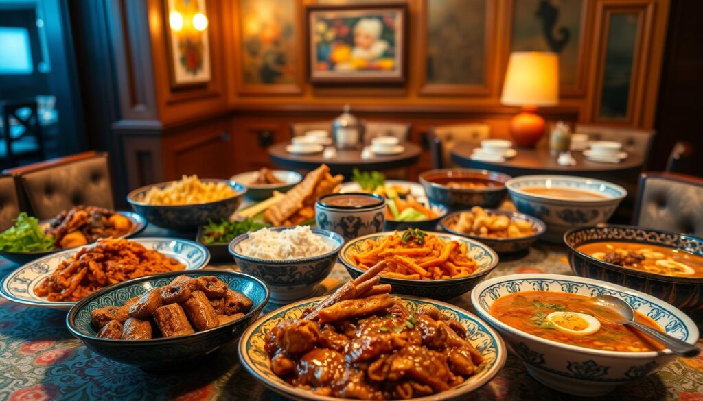 A sumptuous display of Peranakan cuisine in Singapore, captured in a warm, inviting atmosphere. In the foreground, a table laden with vibrant, authentically prepared dishes - from the rich, coconut-infused rendang to the tangy, spice-infused laksa. The middle ground showcases the intricate, ornate tableware and vibrant patterned textiles that are hallmarks of Peranakan culture. In the background, a softly lit, cozy dining space with wooden accents and subtle Peranakan-inspired decor, creating an intimate, immersive dining experience. Soft, diffused lighting casts a golden glow, highlighting the mouthwatering flavors and textures of this celebrated Singaporean culinary tradition.