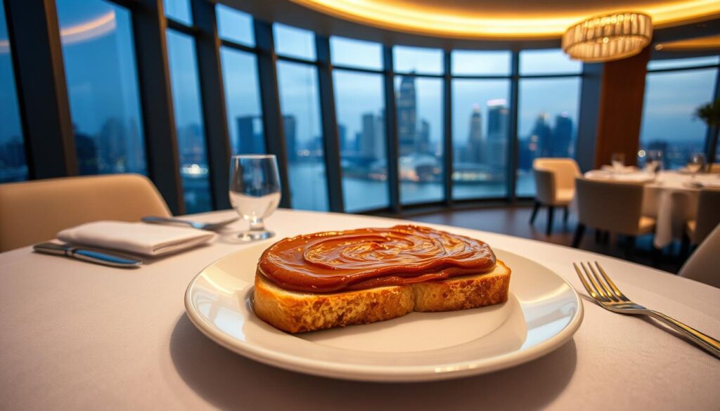 A sumptuous kaya toast set against the elegant backdrop of the Spago Dining Room at Marina Bay Sands. Crisp golden-brown toast slices layered with a rich, glossy kaya spread, served on a pristine white porcelain plate. The table is adorned with a pristine white tablecloth, complemented by minimalist modern tableware. Soft, warm lighting from overhead casts a refined glow, creating a luxurious ambiance. The surrounding space is defined by sleek, contemporary architecture featuring floor-to-ceiling windows overlooking the stunning Singapore skyline. An atmosphere of refined sophistication and indulgence pervades the scene.