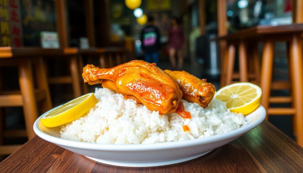 A sumptuous plate of lemon chicken rice, the centerpiece of the image. The chicken, golden-brown and glistening, rests atop a fluffy bed of fragrant white rice. Slices of lemon add a vibrant touch, their bright yellow hue a tantalizing contrast. The scene is set against a backdrop of a traditional Singaporean hawker stall, with wooden tables and stools, creating an authentic and inviting atmosphere. Soft, warm lighting casts a cozy glow, highlighting the tantalizing textures and colors of the dish. The overall composition evokes the comforting and familiar flavors of this beloved Singaporean delicacy.