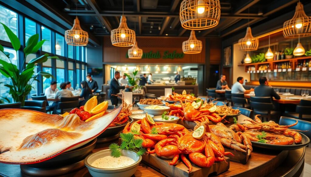 A sumptuous seafood feast set against a vibrant, bustling halal restaurant interior. In the foreground, a bountiful display of freshly prepared dishes - succulent grilled stingray, sizzling chili crab, and plump steamed lobsters. Guests seated at elegant wooden tables, savoring the rich, aromatic flavors, accented by the warm glow of pendant lights. In the background, an open kitchen reveals skilled chefs at work, while lush greenery and ornate decor create an inviting, contemporary ambiance. Capture the essence of a premium halal seafood dining experience at Mutiara Seafood by Jumbo Seafood. A sumptuous seafood feast set against a vibrant, bustling halal restaurant interior. In the foreground, a bountiful display of freshly prepared dishes - succulent grilled stingray, sizzling chili crab, and plump steamed lobsters. Guests seated at elegant wooden tables, savoring the rich, aromatic flavors, accented by the warm glow of pendant lights. In the background, an open kitchen reveals skilled chefs at work, while lush greenery and ornate decor create an inviting, contemporary ambiance. Capture the essence of a premium halal seafood dining experience at Mutiara Seafood by Jumbo Seafood.