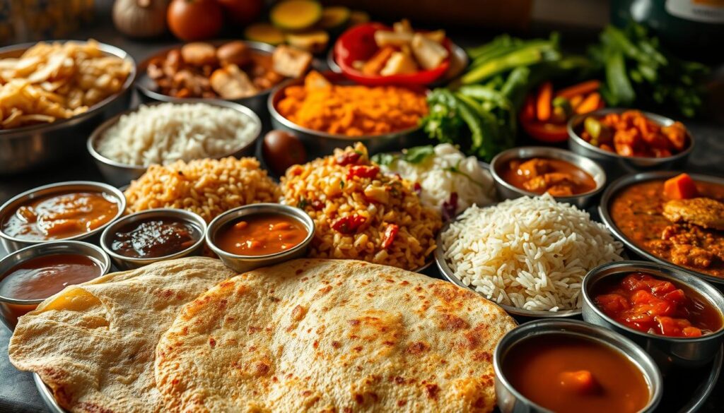A sumptuous spread of authentic South Indian cuisine, showcasing the vibrant flavors and rich textures of the region. In the foreground, a steaming hot dosa, its crisp golden exterior contrasting with the soft, fluffy interior, accompanied by an array of traditional chutneys and sambar. In the middle ground, a selection of fragrant rice dishes, each grain perfectly cooked and seasoned, alongside curries and stews brimming with aromatic spices. The background is filled with an array of colorful vegetables, freshly chopped and ready to be incorporated into the flavorful preparations. The lighting is warm and natural, casting a gentle glow over the scene, evoking the inviting ambiance of a family-run South Indian eatery. The overall composition is balanced and visually appealing, capturing the essence of authentic South Indian cuisine.