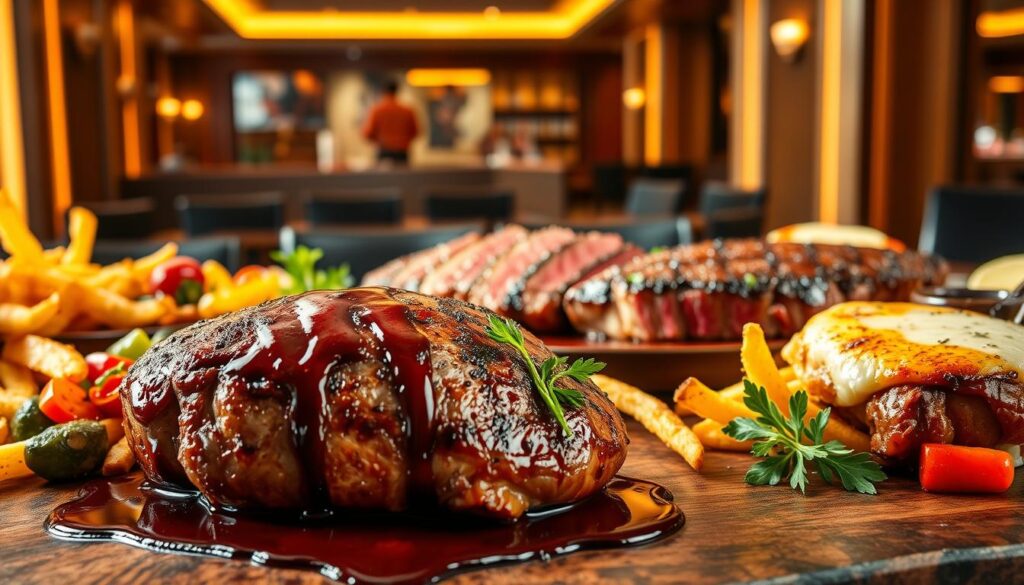 A sumptuous spread of premium steak dishes, artfully presented against a backdrop of a sophisticated restaurant interior. The foreground features a juicy ribeye steak, seared to perfection and drizzled with a rich, aromatic sauce. Surrounding it are expertly crafted sides such as crisp, golden fries, a medley of roasted vegetables, and a creamy, indulgent potatoes au gratin. The middle ground showcases other signature dishes, like a tender filet mignon with a glistening, caramelized crust, and a succulent, marbled strip steak. The warm, inviting lighting casts a golden glow, creating an atmosphere of refined elegance. The overall scene exudes an air of culinary mastery, enticing the viewer to experience these exceptional steak creations.