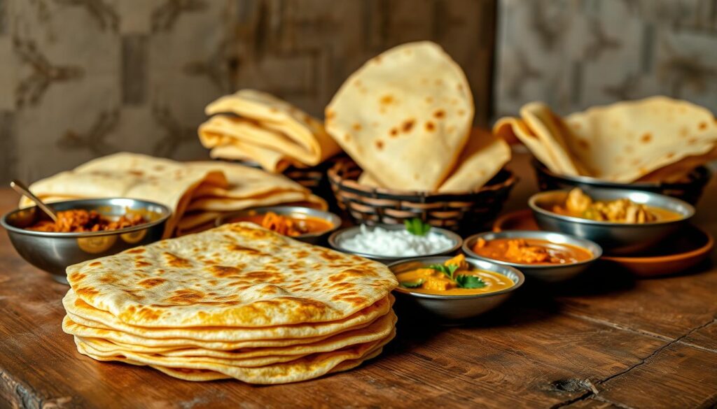 A sumptuous spread of traditional Indian curries and delectable prata, presented on a rustic wooden table. In the foreground, a stack of freshly-made prata, steaming and golden, with various curries - thick, aromatic rendang, tangy dhal, and creamy chicken curry - artfully arranged alongside. The middle ground features additional prata, folded and ready to be dipped, their crisp edges glistening. In the background, a backdrop of textured walls and warm, ambient lighting creates an inviting, homely atmosphere, evoking the charm of a neighborhood prata shop. The overall composition evokes the beloved pairing of prata and curry, a quintessential Singaporean culinary delight.