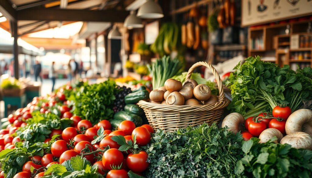 A sun-dappled market stall overflows with an abundance of fresh, locally sourced ingredients. In the foreground, a vibrant display of seasonal produce - crisp leafy greens, ruby-red tomatoes, and fragrant herbs. Mid-frame, a woven basket brims with just-picked mushrooms and glistening root vegetables. In the background, the bustling energy of the marketplace - sights and sounds of eager shoppers, vendor stalls, and the warm glow of natural light filtering through. The scene exudes a sense of rustic authenticity, capturing the essence of the local culinary tradition. Warm, earthy tones and soft, diffused lighting create a welcoming, inviting atmosphere.