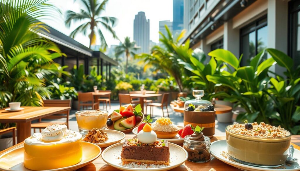 A sun-dappled outdoor cafe in Singapore, showcasing an array of delectable vegan and health-conscious desserts. In the foreground, an assortment of vibrant, artfully-plated treats, from a luscious mango pudding with coconut cream to a decadent chocolate avocado mousse. Surrounding them, neatly arranged displays of fresh fruit, nuts, and an assortment of superfood toppings. In the middle ground, wooden tables and chairs invite patrons to savor these guilt-free indulgences, while lush tropical foliage and a backdrop of sleek, modern architecture create a serene, urban oasis. Soft, natural lighting casts a warm glow over the scene, highlighting the vibrant colors and textures of the desserts. The overall atmosphere conveys a sense of health, sophistication, and a celebration of plant-based cuisine.