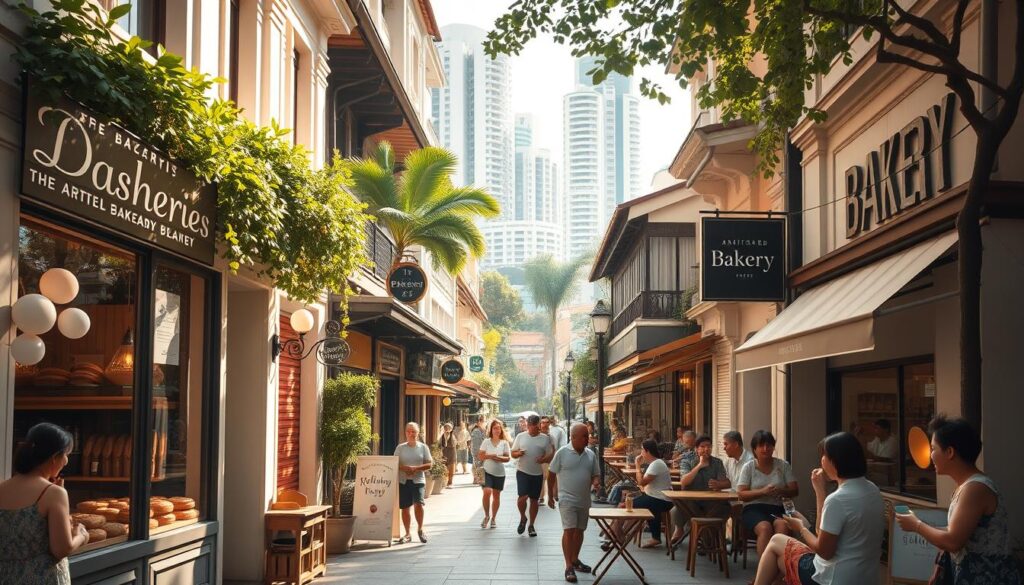 A sun-dappled street in Singapore, lined with quaint artisanal bakeries. In the foreground, a bakery with a charming storefront, its windows showcasing an array of freshly baked pastries and breads. Customers spill out onto the sidewalk, sipping coffee and chatting animatedly. In the middle ground, other bakeries dot the street, their facades adorned with lush greenery and hand-painted signage. The background is a harmonious blend of traditional shophouses and modern high-rises, creating a vibrant, bustling urban landscape. The lighting is soft and warm, casting a golden glow over the scene, evoking a sense of cozy familiarity. The overall atmosphere is one of lively community, where the aromas of baking and the sounds of conversation mingle to create a quintessentially Singaporean experience.