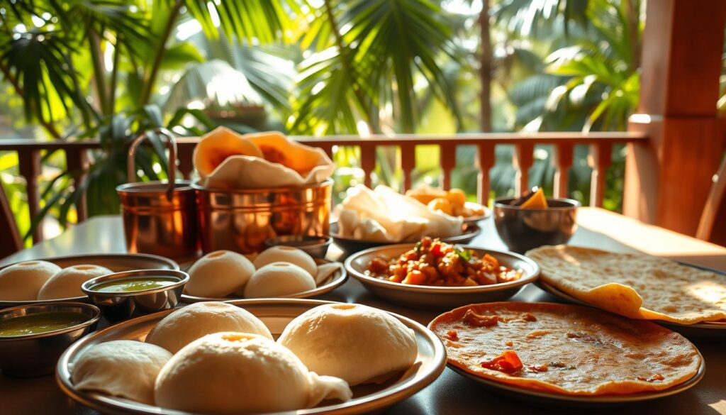 A sun-dappled table laden with a traditional South-Indian breakfast feast. In the foreground, steaming idli cakes, crisp dosa pancakes, and fragrant sambar stew. Beside them, a small bowl of coconut chutney, its vibrant green hue shimmering. In the middle ground, a copper tiffin carrier holds fluffy poori breads and spiced potato masala. Behind, a backdrop of lush, tropical foliage casts dappled shadows, evoking a serene, open-air veranda. The lighting is soft and warm, highlighting the vibrant colors and textures of the dishes. The overall atmosphere is one of comforting, authentic flavors and a sense of unhurried, local hospitality.