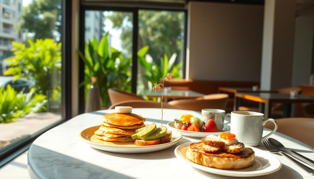 A sun-drenched, airy cafe setting with an impeccably styled table in the foreground. A mix of traditional and modern brunch dishes artfully arranged - fluffy pancakes, avocado toast, fresh fruit, and a steaming cup of coffee. Soft, diffused lighting creates a warm, inviting atmosphere. The table is set with minimalist tableware and a single stem flower adds a delicate touch. In the background, a floor-to-ceiling window frames a vibrant, lush greenery view, hinting at the cafe's urban, yet tranquil Singapore setting. The overall scene evokes a sense of effortless sophistication and Instagram-worthy elegance.
