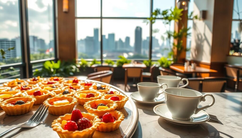 A sun-drenched cafe in Singapore, the aroma of freshly baked French tarts wafting through the air. In the foreground, an artfully arranged display of golden-crusted tartlets, their fillings a vibrant medley of seasonal fruits. Elegant silverware and delicate china cups adorn the marble-topped counter, hinting at the refined experience to come. The middle ground reveals a cozy seating area, natural light streaming through large windows, illuminating the vintage-inspired decor. In the background, a lush urban skyline frames the scene, a blend of modern architecture and verdant greenery. The overall atmosphere is one of sophisticated charm, where the comforts of a Parisian patisserie meet the vibrant energy of the Lion City.