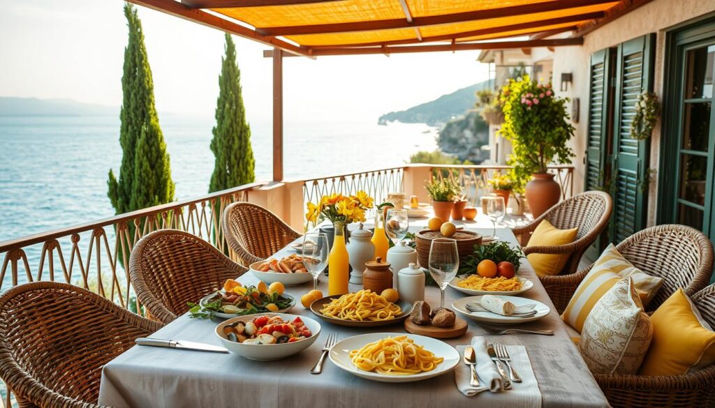 A sun-drenched coastal terrace overlooking the Ligurian Sea, where a table is set with a rustic spread of freshly caught seafood, homemade pasta, and artisanal Italian cheeses. Vibrant hues of lemon, olive, and terra cotta complement the natural textures of woven rattan, weathered wood, and gleaming glassware. Warm light filters through cypress trees, casting a golden glow over the scene, as a gentle breeze carries the scent of basil and rosemary. This is the essence of Dolce Vita - a celebration of the bountiful flavors and relaxed elegance of Italy's coastal regions.