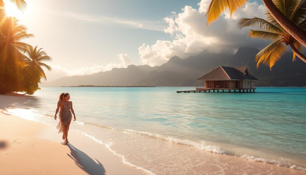A sun-drenched, secluded beach resort nestled between lush tropical foliage. In the foreground, a couple walks hand-in-hand along the powdery white sand, gazing into each other's eyes. Gentle waves lap at the shoreline, creating a soothing, tranquil ambiance. The middle ground features a luxurious, overwater bungalow with a private deck, surrounded by crystalline turquoise waters. In the background, majestic mountains rise up, their peaks shrouded in wispy clouds. Warm, golden light filters through the palm trees, casting a romantic, ethereal glow over the entire scene. The overall mood is one of serene, intimate escapism - the perfect backdrop for a dreamy, unforgettable honeymoon or romantic getaway.