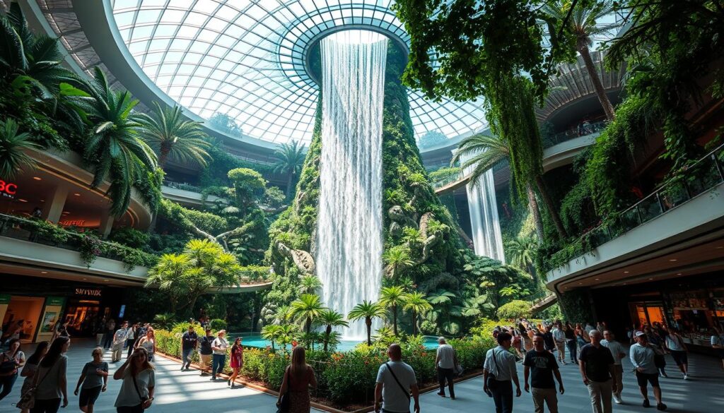 A sunlit atrium at Jewel Changi Airport, featuring a lush indoor garden with towering waterfalls cascading into tranquil pools. In the foreground, people stroll through the vibrant retail spaces, admiring the diverse range of high-end shops and restaurants. The middle ground showcases the iconic HSBC Rain Vortex, the world's tallest indoor waterfall, surrounded by verdant foliage and sculptural architecture. The background reveals the natural splendor of the Shiseido Forest Valley, with its winding trails and lush canopy, creating a harmonious blend of nature and modern design. The scene radiates a sense of awe, wonder, and the perfect balance between retail therapy and natural serenity.