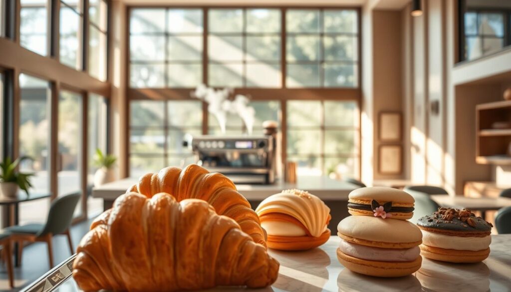 A sunlit cafe interior with an elegant, contemporary design. In the foreground, a display of meticulously crafted pastries - flaky croissants, delicate macarons, and luscious cream-filled eclairs. The pastries showcase a harmonious blend of Asian and European influences, with delicate floral accents and subtle spice notes. In the middle ground, a marble-topped counter with a gleaming espresso machine, steam gently rising. The background features floor-to-ceiling windows, allowing natural light to flood the space and accentuate the warm, inviting atmosphere. Soft, diffused lighting casts a cozy glow, while minimalist furnishings and natural materials create a seamless fusion of East and West.