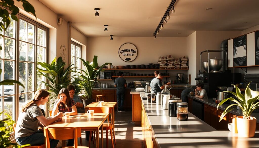 A sunlit, minimalist café nestled in a lush urban oasis, the facade of Common Man Coffee Roasters exudes a warm, welcoming atmosphere. In the foreground, a group of patrons sip expertly crafted beverages at intimate wooden tables, while baristas meticulously prepare their orders behind a gleaming counter. Tall windows flood the space with natural light, highlighting the earthy tones and natural materials that define the café's sustainable, artisanal aesthetic. In the background, an array of coffee sacks and roasting equipment hints at the café's commitment to sourcing and roasting the finest quality beans, blending old-world craftsmanship with modern sensibilities. An inviting, harmonious scene that evokes the cafe's dedication to both flavor and environmental responsibility.